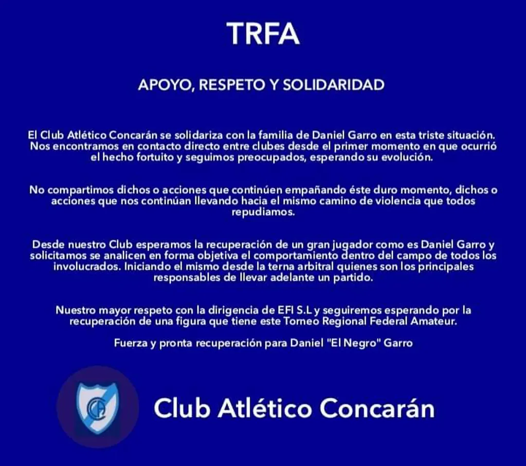 Comunicado del Club Atlético Concarán: apoyo, respeto y solidaridad.