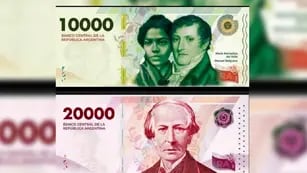 Diseño ilustrativo del nuevo billete de $10.000 con María Remedios del Valle y Manuel Belgrano y de $20.000 con Juan Bautista Alberdi