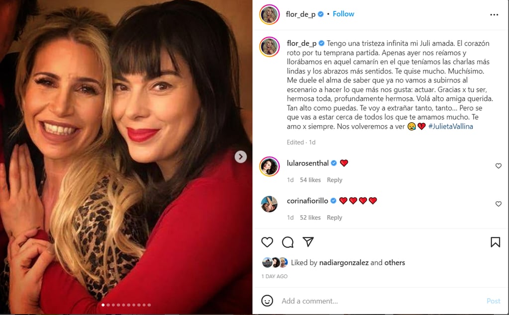 Flor Peña despidió a su amiga en las redes sociales