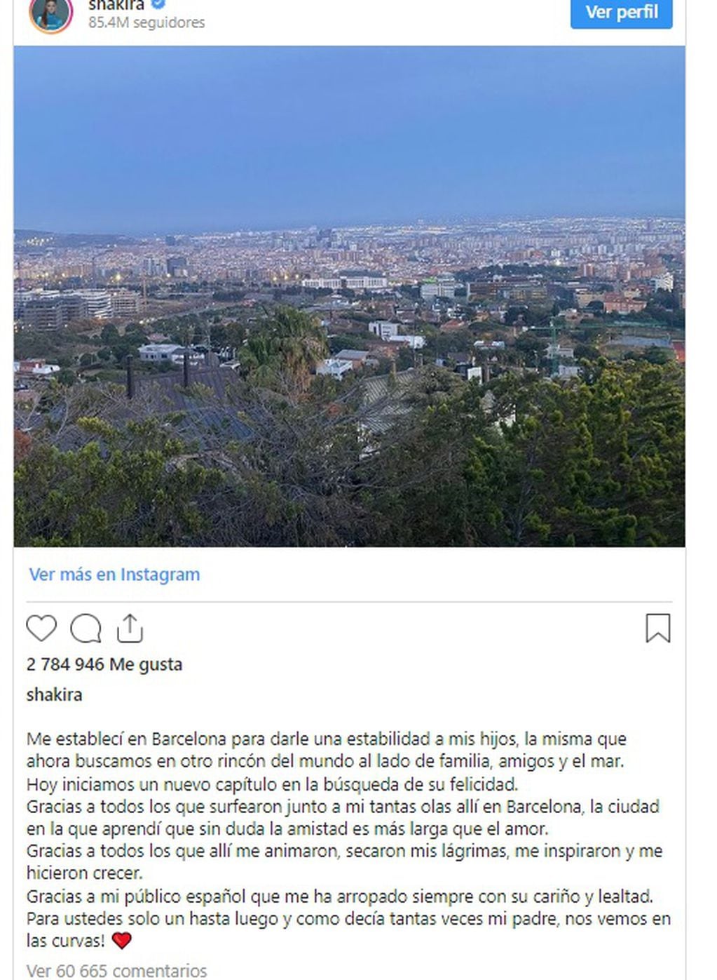 La carta de despedida de Shakira a Barcelona, tras mudarse con sus hijos a Miami (Instagram)