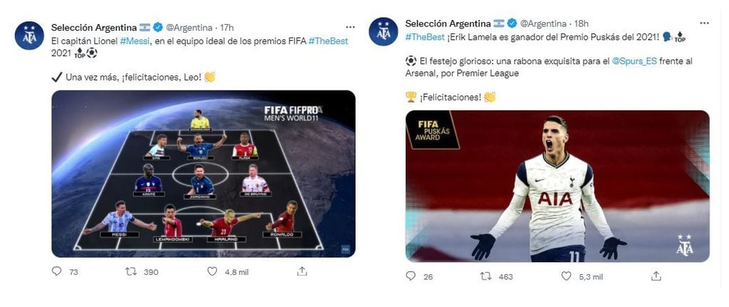 Los mensajes de "Felicitaciones" desde la AFA y Selección Argentina a los argentinos que fueron distinguidos en los The Best de FIFA.