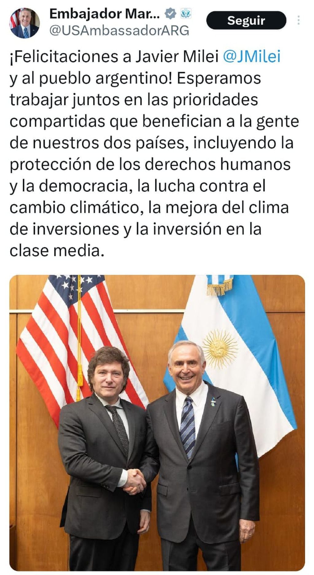 Anterior posteo de Marc Stanley, embajador de EE.UU., felicitando a Javier Milei.
