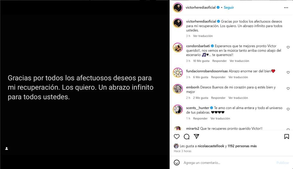 Internaron a Víctor Heredia. Captura de Instagram.