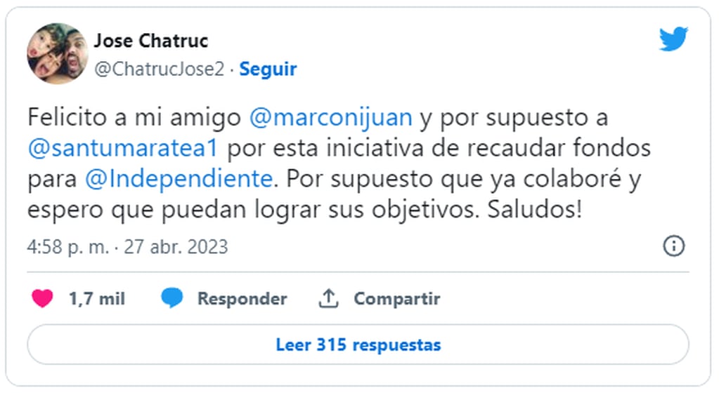 Tuit de José Chatruc, tras conocerse la campaña de Santi Maratea. Foto: Twitter/@ChatrucJose2