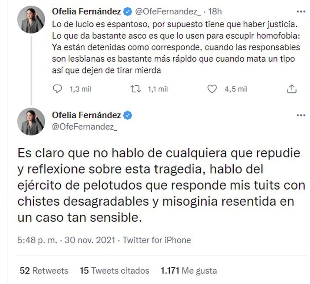 El tuit de Ofelia Fernández por el crimen de Lucio Dupuy - Twitter