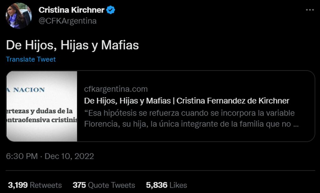 Carta de Cristina Kirchner. Foto: Twitter/@CFKArgentina