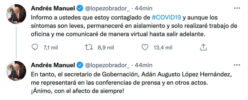 El presidente de México, Andrés Manuel López Obrador, confirmó que tiene Covid-19 otra vez.