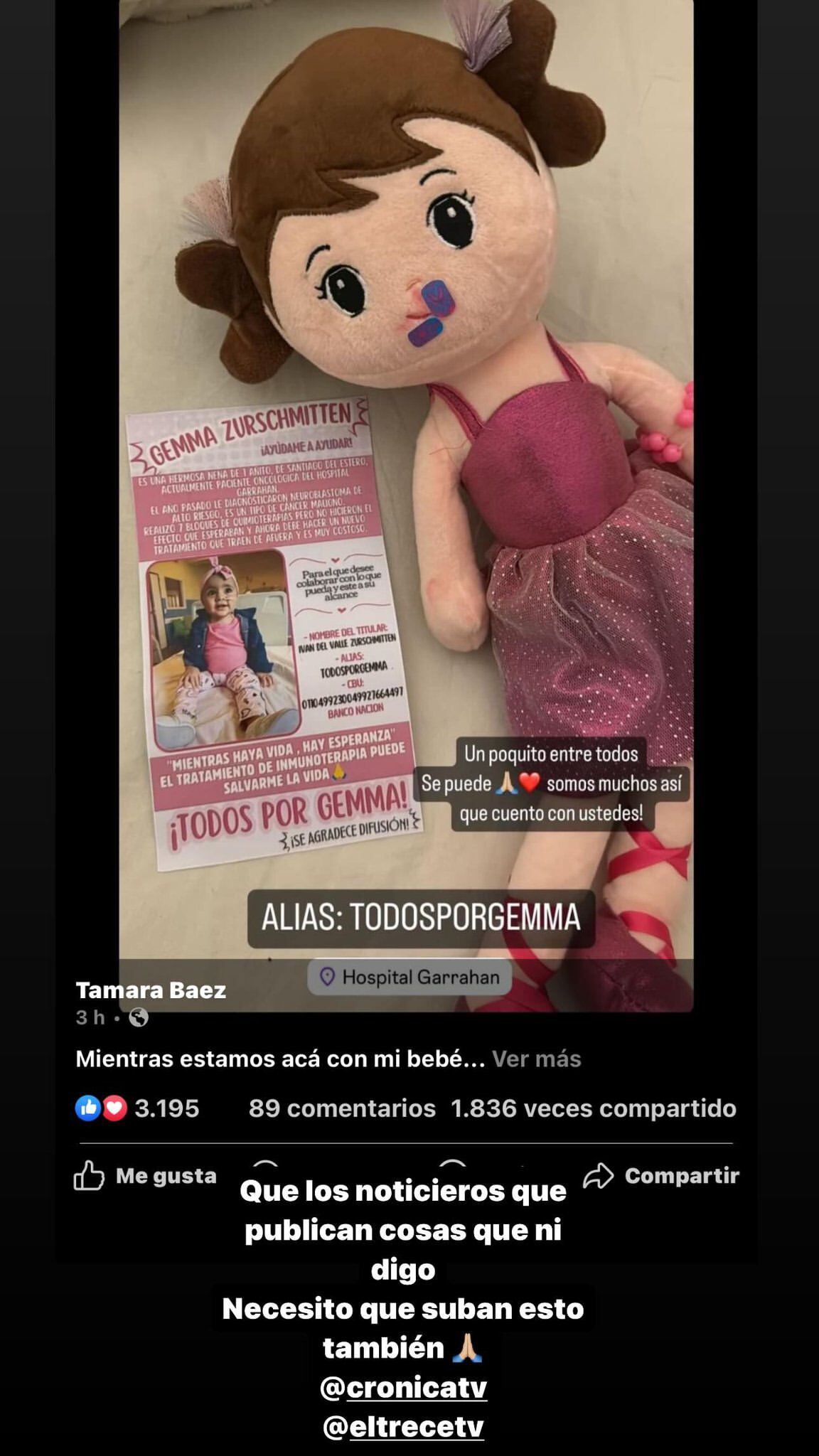 El gesto de L-Gante y Tamara Báez que le salvó la vida a una niña de 1 año. Captura de Instagram.