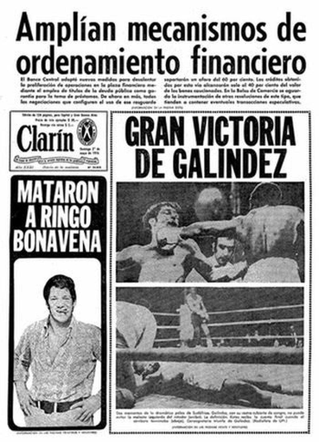 La tapa de Clarín con la noticia del crimen de Ringo Bonavena en 1976