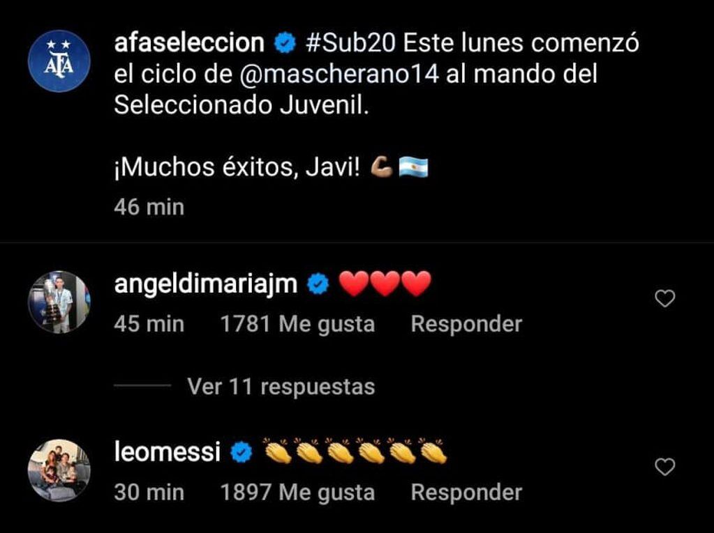El apoyo de Messi y Di María en las redes sociales para Javier Mascherano. / Gentileza.