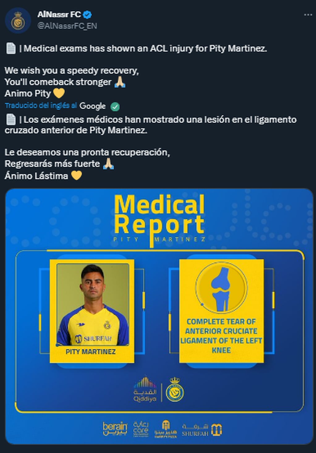 El comunicado del Al Nassr sobre la lesión del Pity Martínez