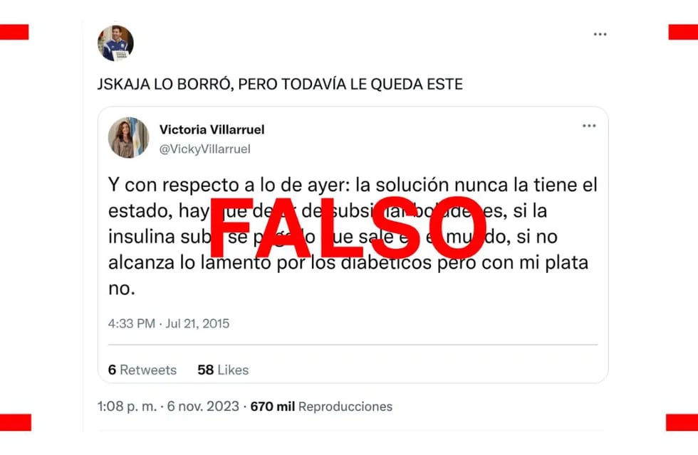 Es falso que en 2015 Victoria Villarruel tuiteó: “Lo lamento por los diabéticos, pero con mi plata no”. Foto: Reverso