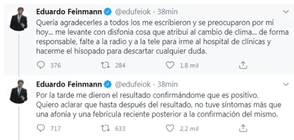 Eduardo Feinmann confirmó que es positivo.
