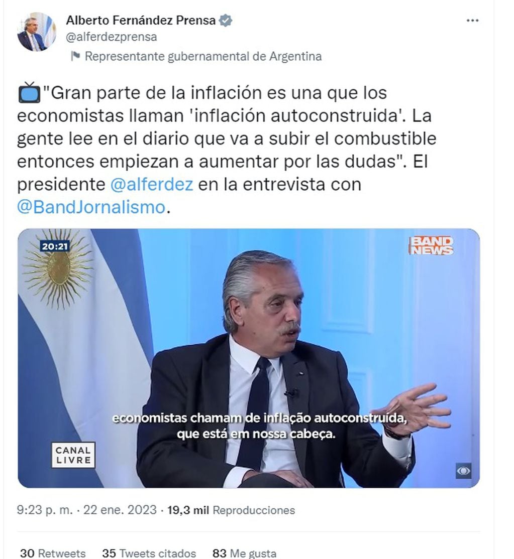 Alberto Fernández dijo que Argentina tiene “inflación autoconstruida”: “Está en la cabeza de la gente”