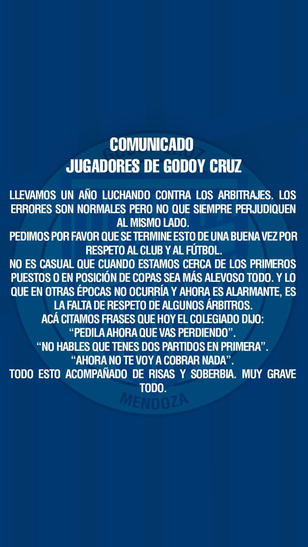 El comunicado que publicaron los jugadores de Godoy Cruz en sus redes sociales.
