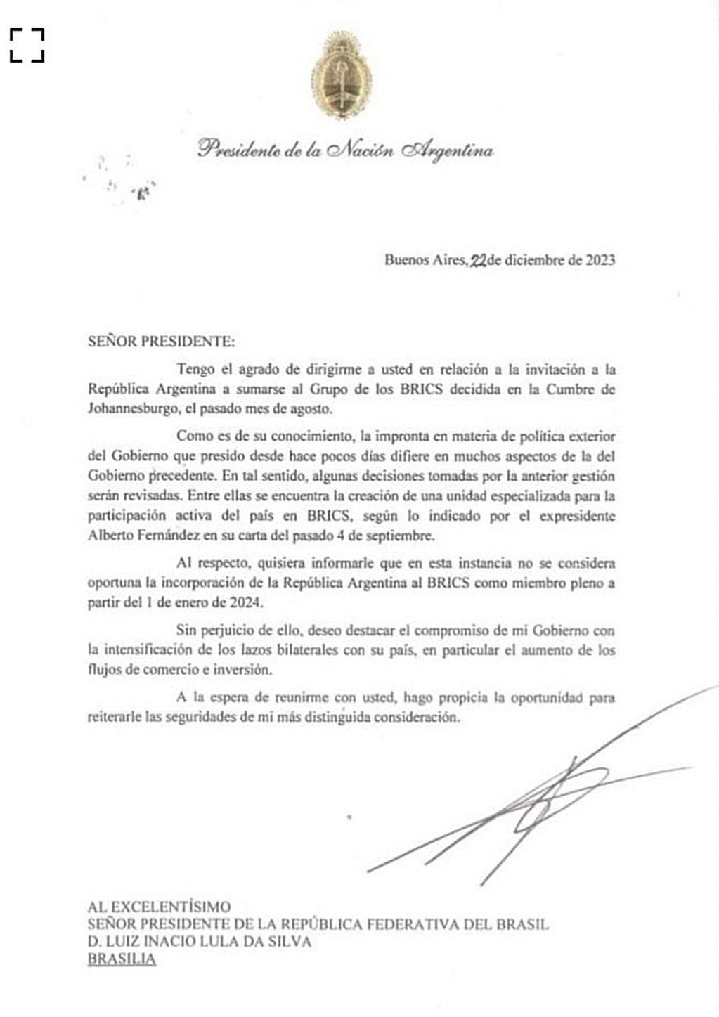 Carta de Javier Milei declinando la invitación para Argentina en los BRICS