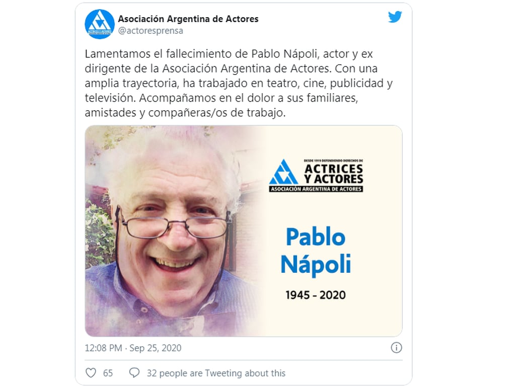 La Asociación Argentina de Actores confirmó el deceso de Pablo Nápoli
