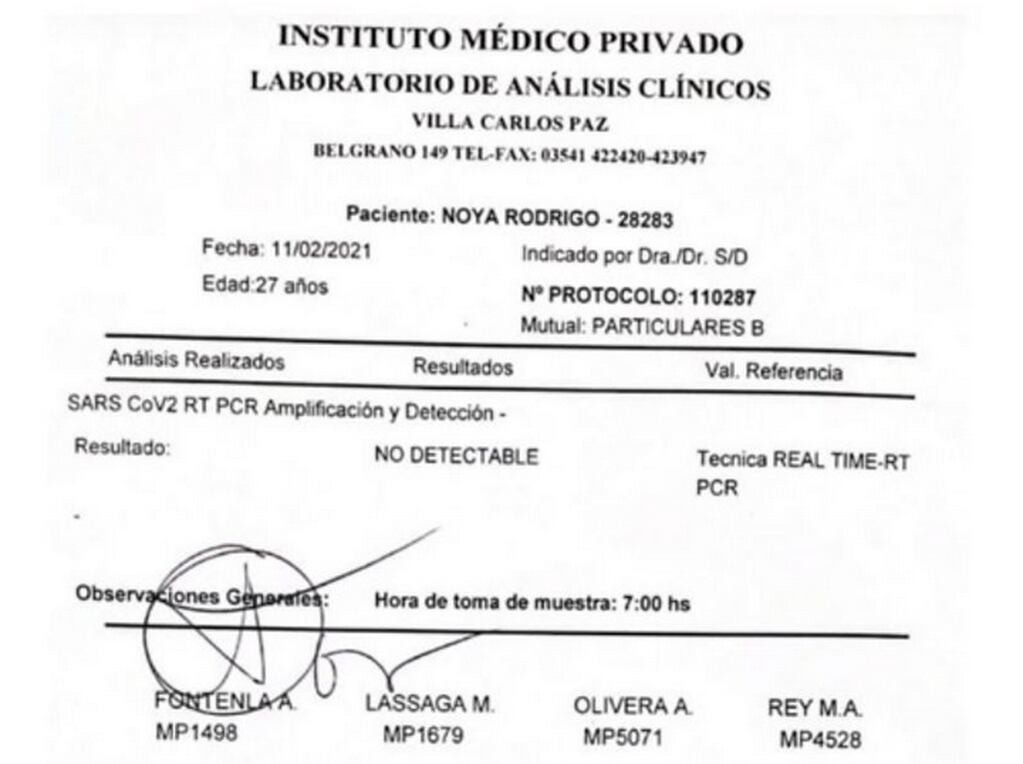 Resultado hisopado de Rodrigo Noya