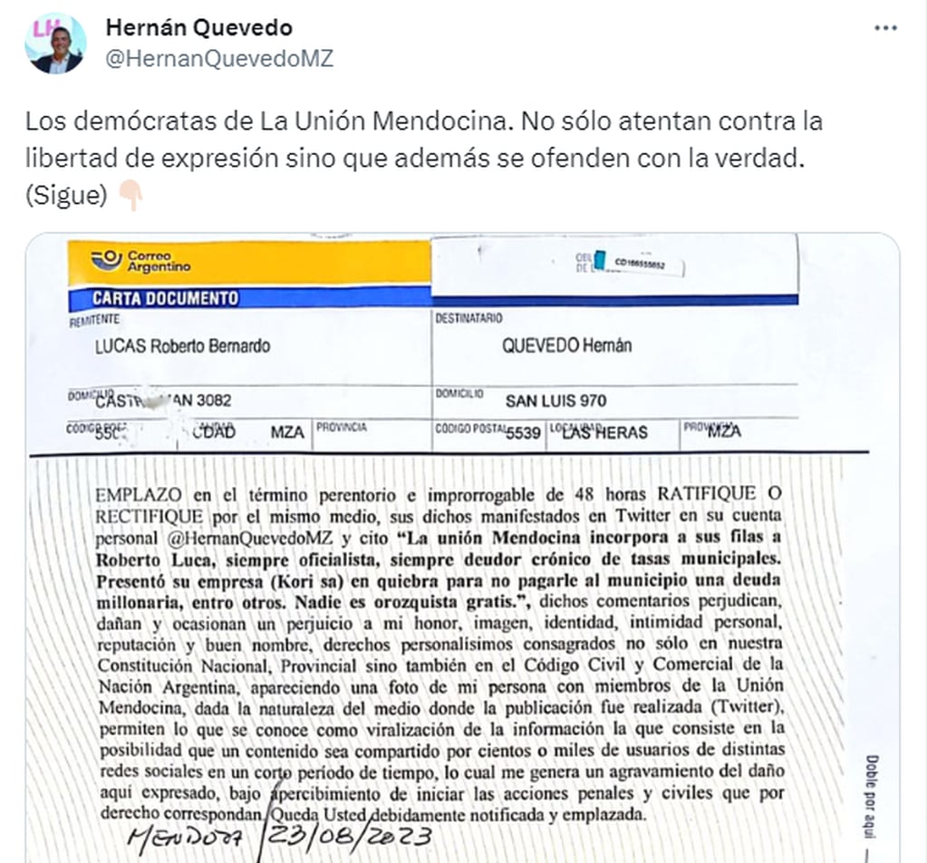 Hernán Quevedo mostró la carta documento que le envió Roberto Lucas luego de su acusación.