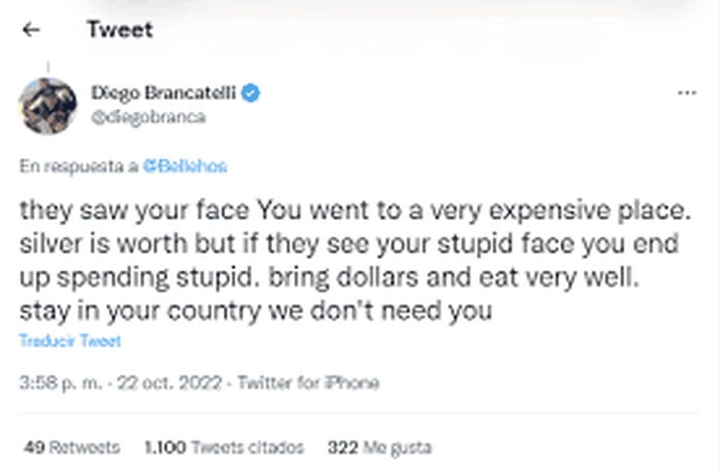La respuesta de Diego Brancatelli al turista.