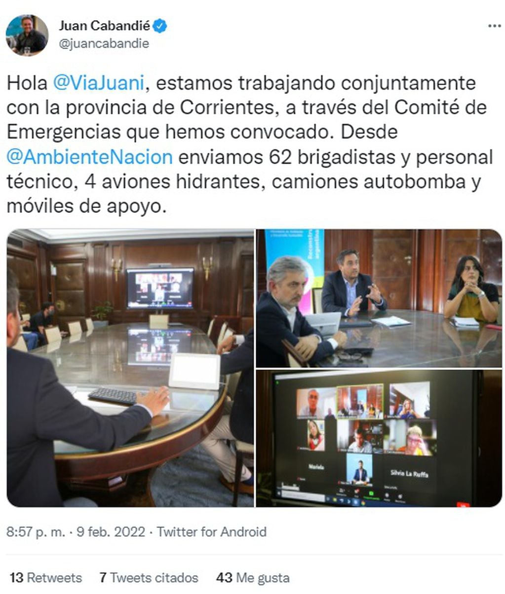 La respuesta de Juan Cabandié a Juana Viale por los incendios en Corrientes (Twitter)