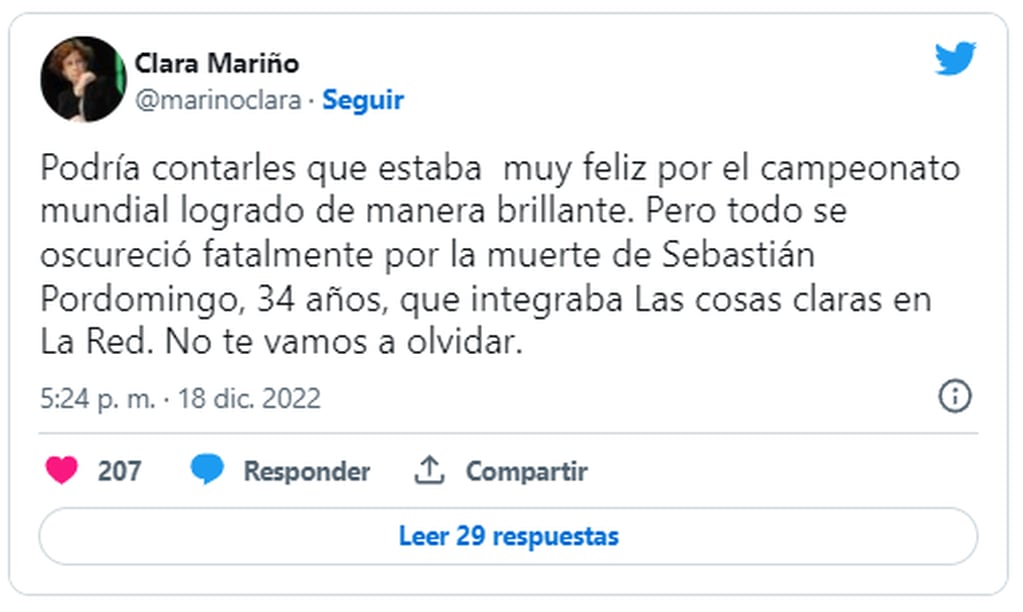 La colega, Clara Mariño, manifestó su dolor tras el fallecimiento de Seba. Foto: Twitter/@marinoclara