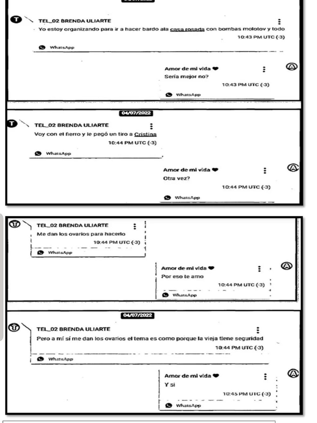 Parte de los chats de la causa que investiga la jueza María Eugenia Capuchetti. Foto: Web