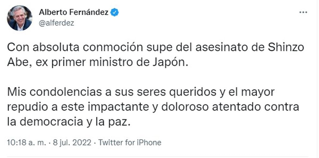 El mensaje de Alberto Fernández por el asesinato de Shinzo Abe.