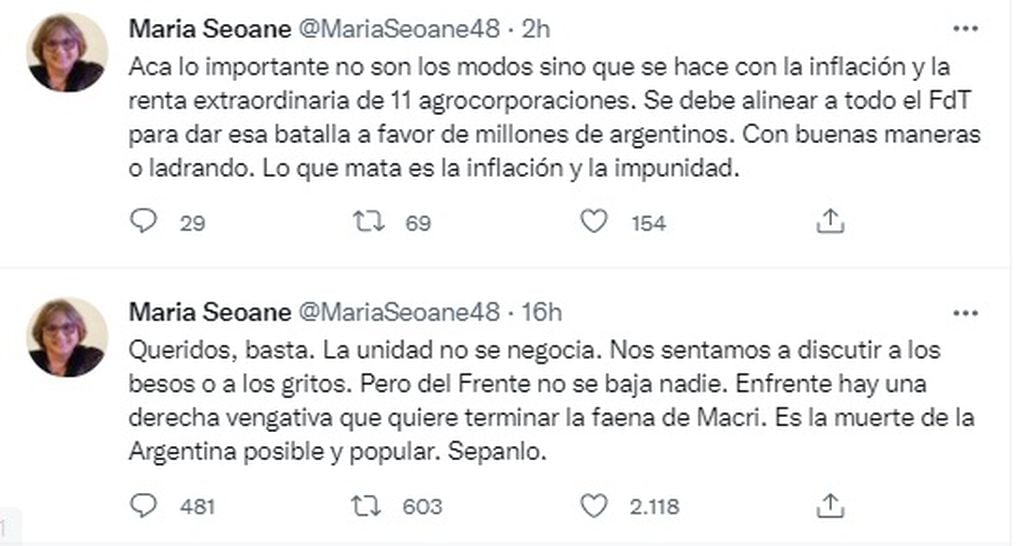 Los tuits de María Seoane, a favor y en contra de Alberto Fernández (Twitter)