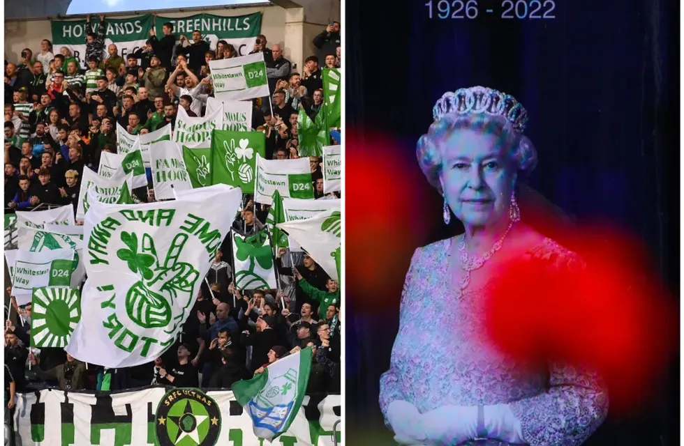 Aficionados del Shamrock Rovers irlandés durante su partido de Conference League de este 8 de septiembre y una imagen de la reina Isabel II de Inglaterra. Foto: Web