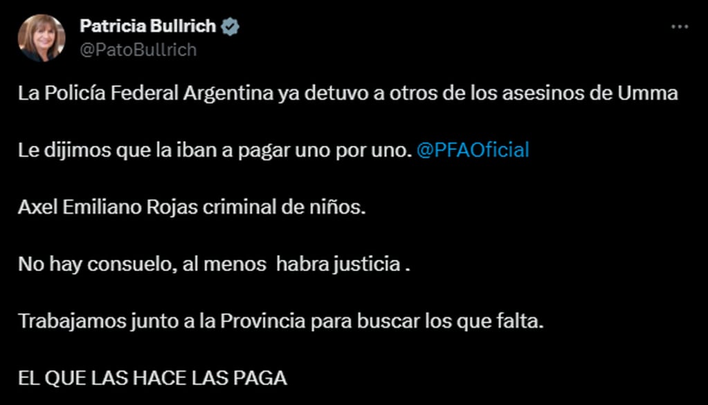 El tuit de Patricia Bullrich anunciando la detención de un segundo sospechoso por el crimen de Umma. Foto: captura.