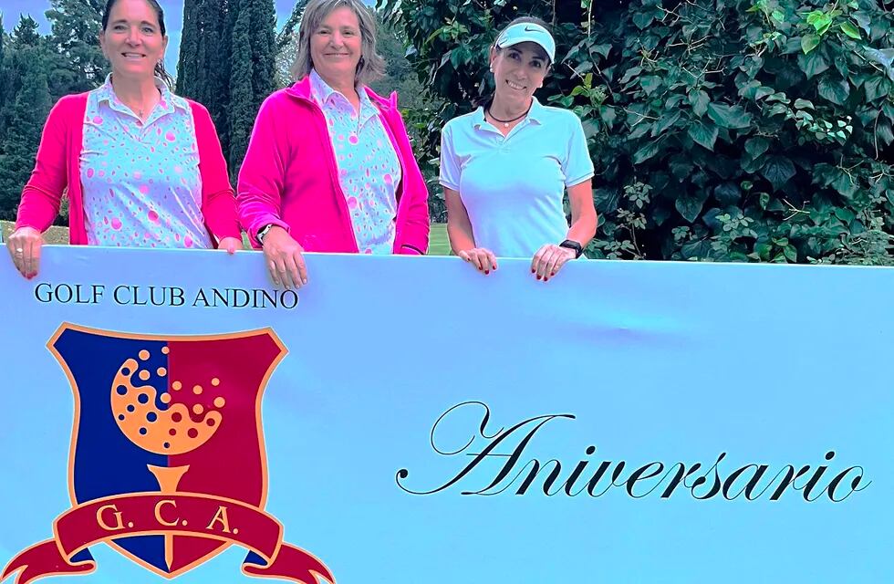 Pilar Puldain, Gabriela Leoni y Carolina Canepa en el certamen Aniversario del Golf Club Andino. / Gentileza.