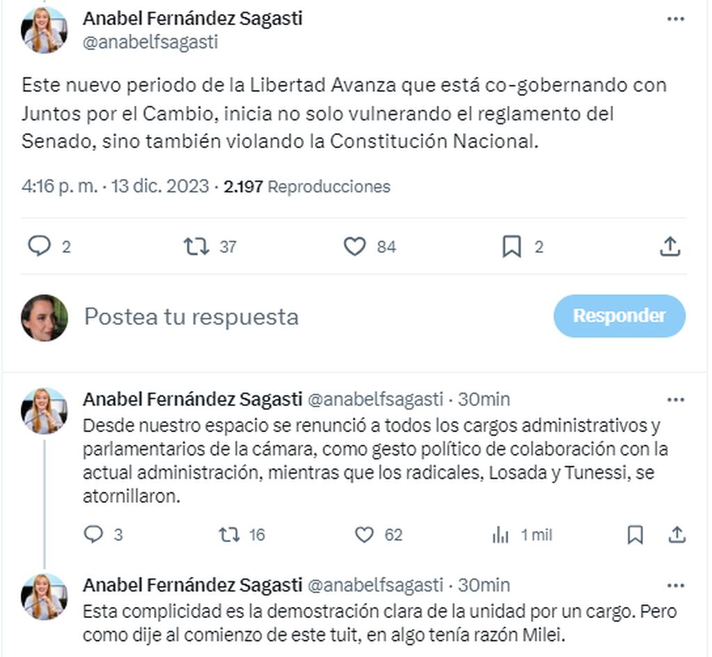 La senadora nacional Anabel Fernández Sagasti denuncia ilegalidad en la sesión del Senado.
