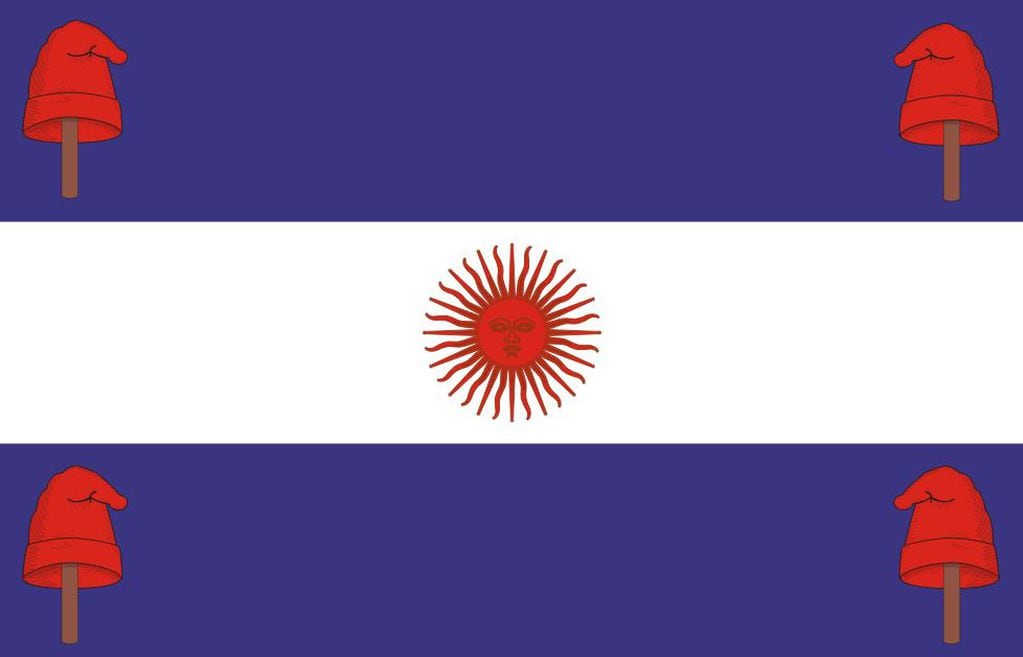 Otra de las banderas de la Confederación Argentina. Esta incluye los símbolos en color punzó.