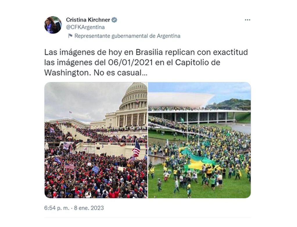 Tweet en el que la vicepresidenta compara las similitudes de los ataques al Congreso de Brasil y al Capitolio de Washington. Foto: Captura de twitter.