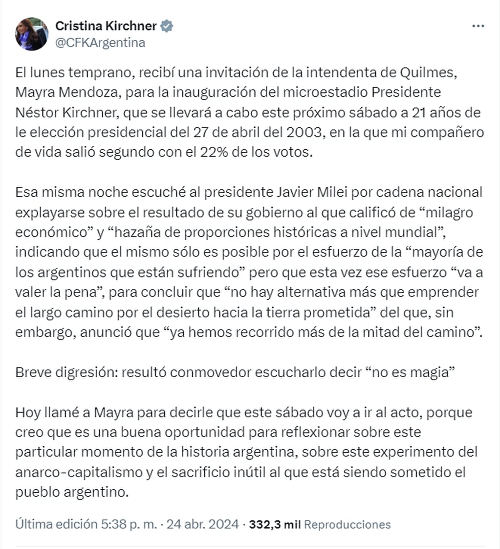 Será en el marco de la inauguración del microestadio Presidente Néstor Kirchner, en Quilmes. - X