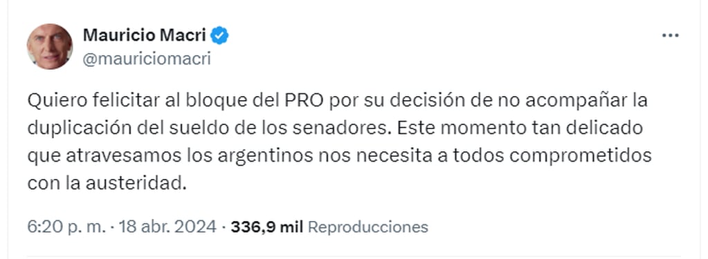 Macri felicitó al PRO por no acompañar el aumento de la dieta - X