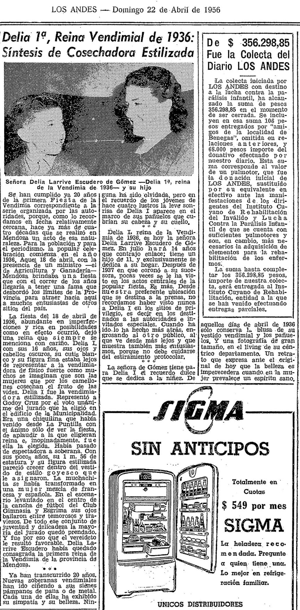 Artículo de diario Los Andes publicado el 22 de abril de 1956 | Foto: archivo Los Andes