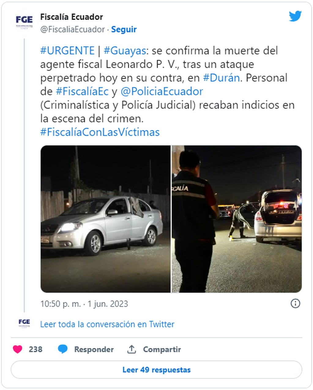 Medios locales aseguran que Leonardo Palacios fue asesinado por sicarios. Foto: Twitter/@FiscaliaEcuador