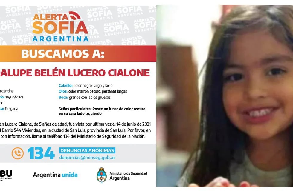 El Ministerio de Seguridad de la Nación activó recientemente el programa Alerta Sofía, con el objetivo de dar con el paradero de la niña Guadalupe Lucero (5); de quien no se tienen noticias desde el lunes por la tarde - noche. Guadalupe desapareció en la provincia de San Luis.