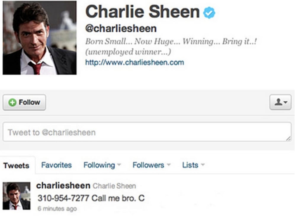 Charlie Sheen tuiteó su número de teléfono