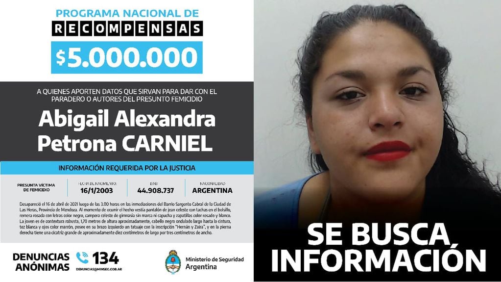 Recompensa de $5.000.00 por datos sobre Abigail Carniel. Foto: Ministerio de Seguridad