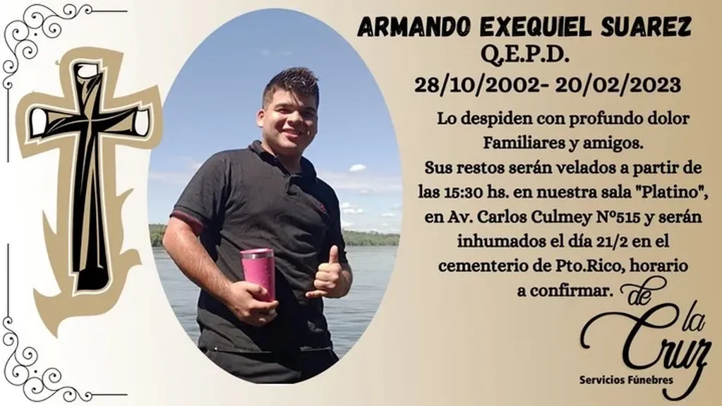Aviso fúnebre de Armando Suárez, nacido en 2002.