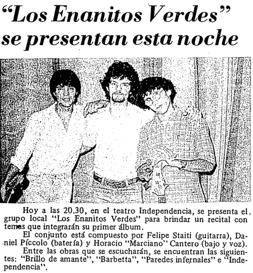 El 7 de agosto de 1983, Los Andes anunciaba el show de Los Enanitos Verdes en el Teatro Independencia. 