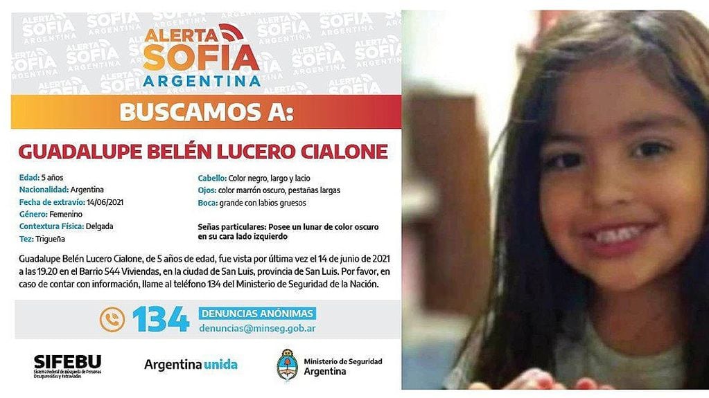 Sigue activa la "alerta Sofía" por la pequeña Guadalupe Lucero, desaparecida en San Luis desde junio - Gentileza