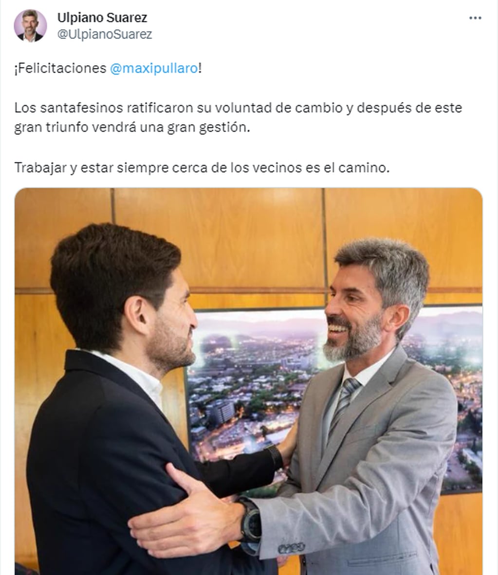 El intendente de la Ciudad de Mendoza, Ulpiano Suárez, saludó al gobernador electo en Santa Fe, Maximiliano Pullaro.