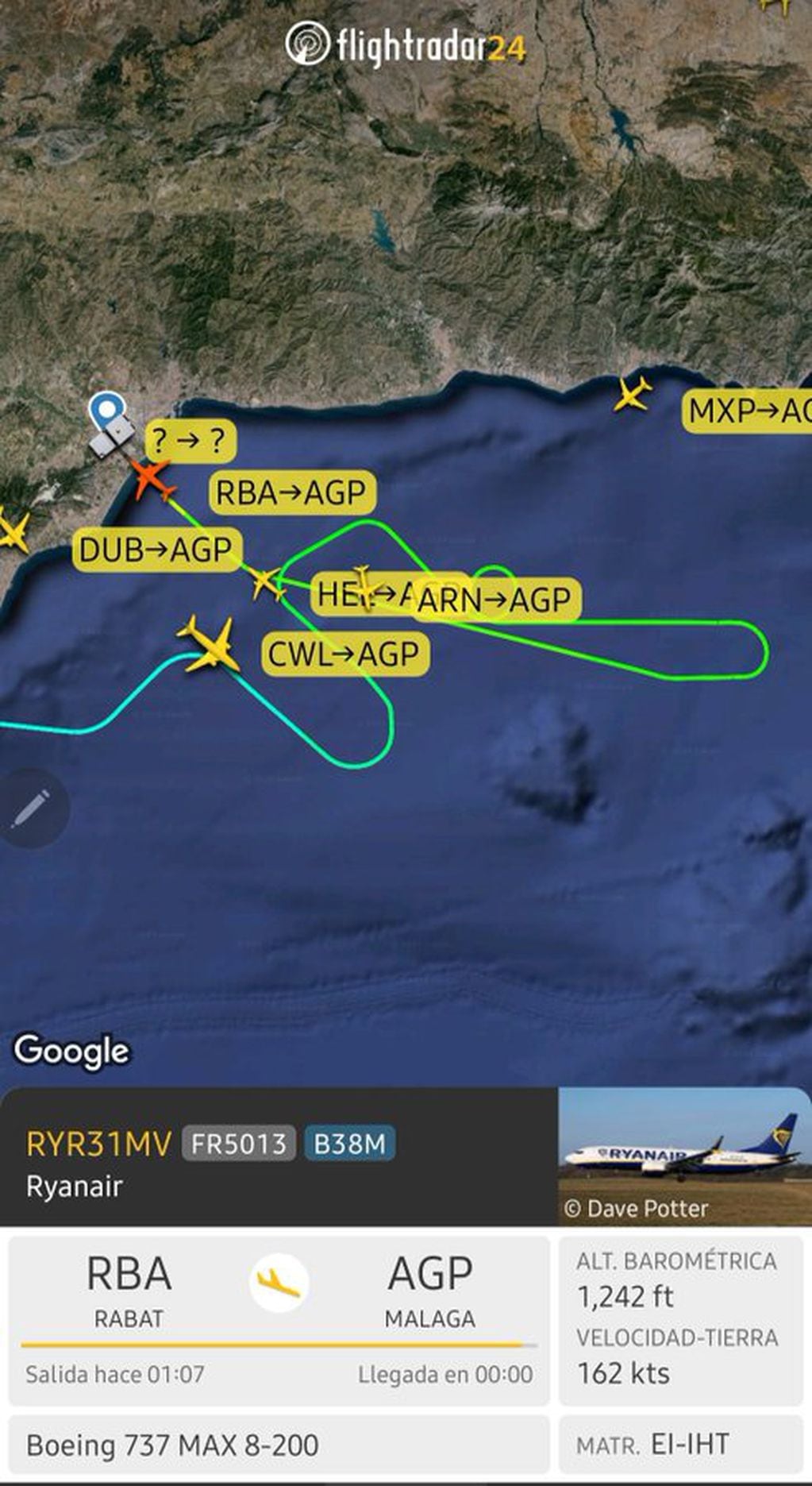 La tripulación del vuelo procedente de Rabat, solicitó interrumpción del vuelo. Gentileza: X @controladores.