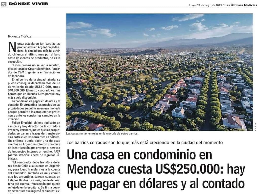 Publicación del diario chileno Las Últimas Noticias sobre inmuebles en Mendoza