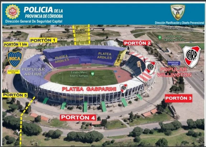 Así será la ubicación de las parcialidades de Boca vs. River el próximo domingo a Córdoba. / Gentileza.
