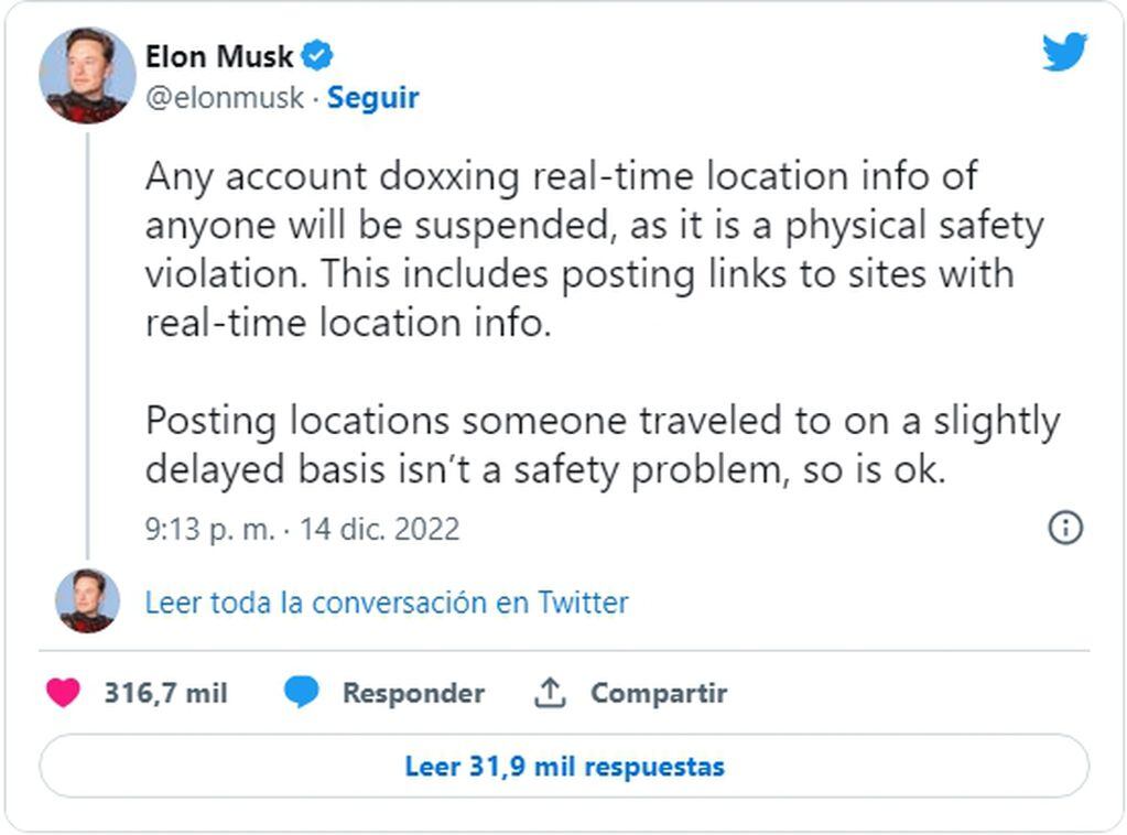 Tweet de Elon Musk en el que asegura que cualquier cuenta que realice "doxxing" será suspendida. Foto: Captura.